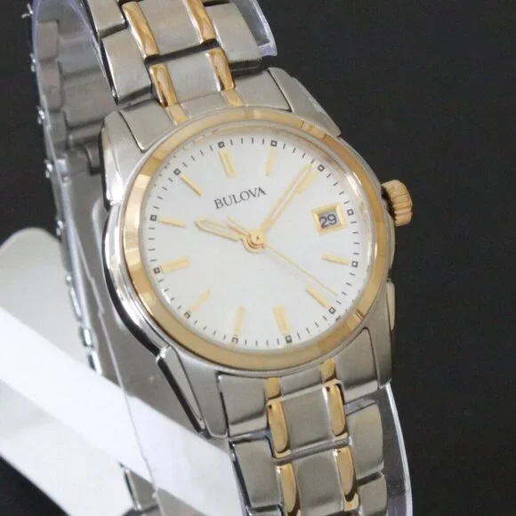 Bulova Women's Quartz Watch Two-Tone Case Silver Sunray Dial Date 26mm - Picture 5 of 13